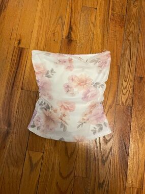 Garage White Strapless Floral Tube Top with Pink Blossoms